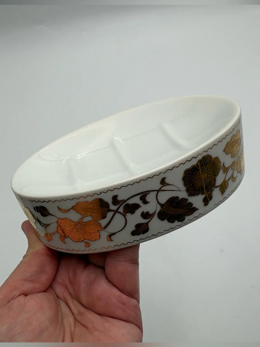 Vintage White Porcelain Soap Dish with Gold Floral Motif